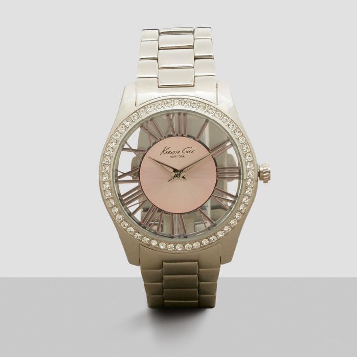 Kenneth Cole New York Silvertone Pave Rhinestone And Pink Dial Link Watch - Neutral