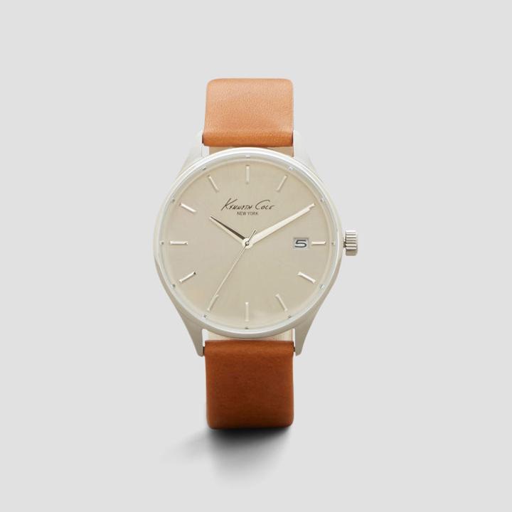 Kenneth Cole New York Silver Watch With Tan Leather Strap - Neutral