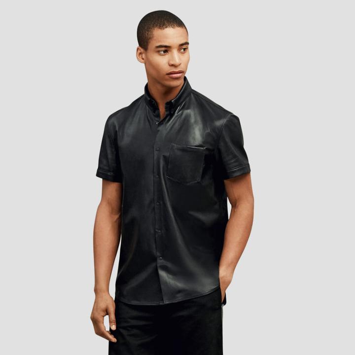 Kenneth Cole Black Label Short Sleeve Leather Shirt - Black