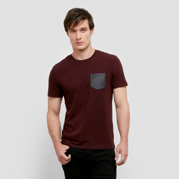 Reaction Kenneth Cole Short Sleeve Faux Leather Pocket Tee - Merlot