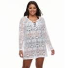 Plus Size Beach Scene Crochet Lace-up Cover-up, Women's, Size: 1xl, White