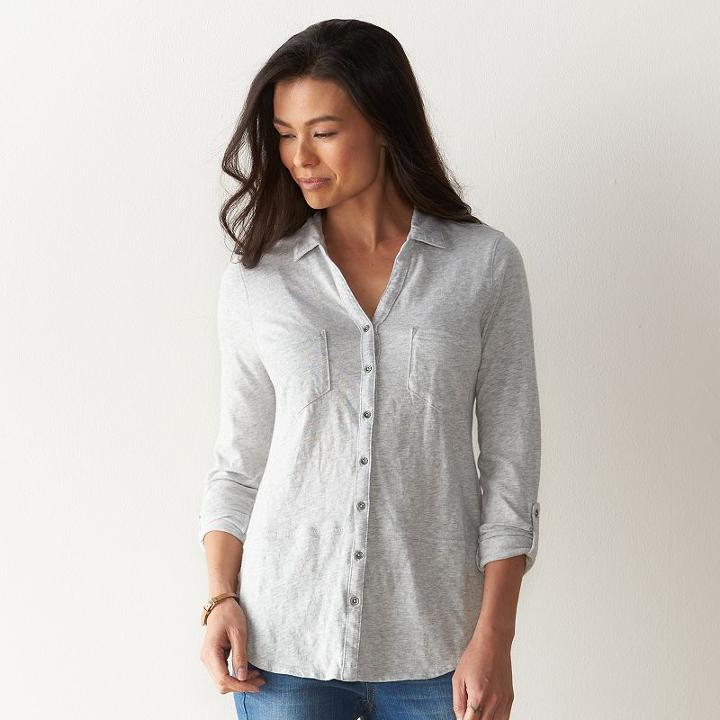 Petite Sonoma Goods For Life&trade; Button-front Roll-tab Shirt, Women's, Size: Xl Petite, Light Grey