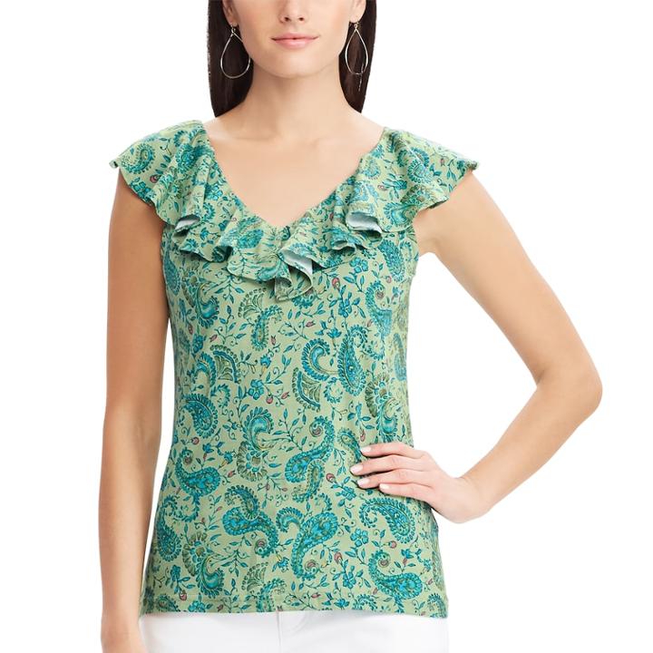 Women's Chaps Print Ruffled Sleeveless Top, Size: Xl, Green
