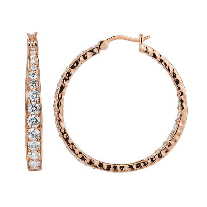 18k Rose Gold Over Silver-plated Cubic Zirconia Hammered Hoop Earrings, Women's