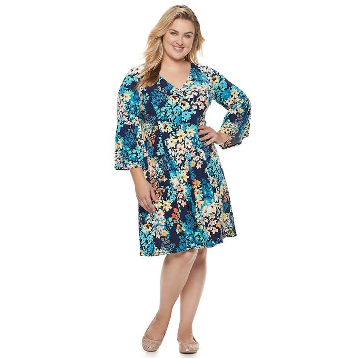 Plus Size Suite 7 Floral Fit & Flare Dress, Size: 2xl, Blue