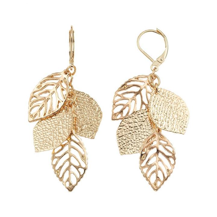 Textured & Cutout Leaf Cluster Drop Earrings, Women's, Gold