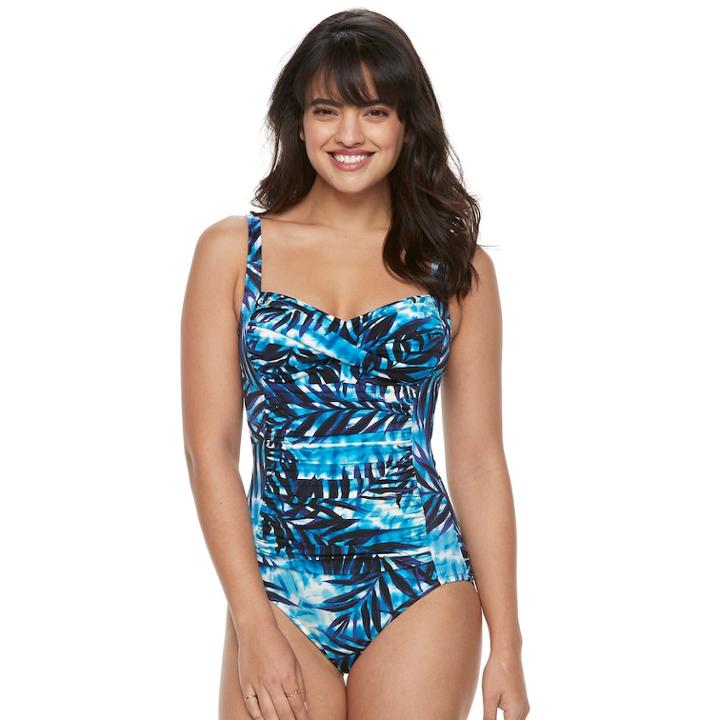 Women's Trimshaper Averi Tummy Slimming Crossover One-piece Swimsuit, Size: 12, Blue Multi