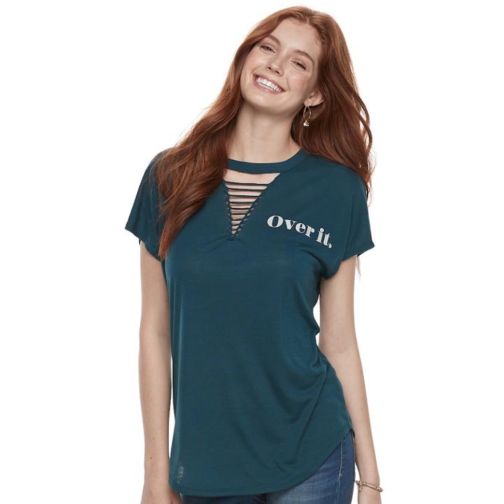 Juniors' Awake Over It Lace-up Tee, Teens, Size: Medium, Green