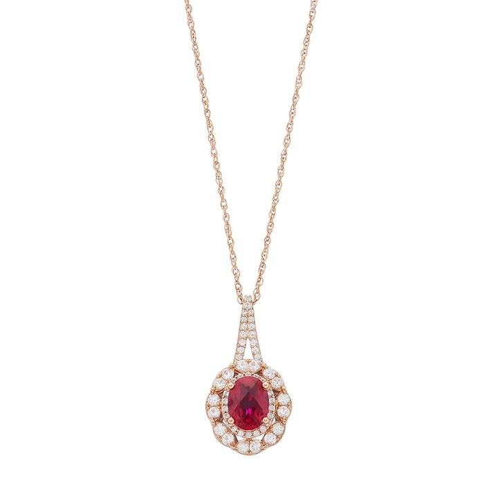 14k Rose Gold Over Silver Lab-created Ruby & Lab-created White Sapphire Oval Pendant, Women's, Red