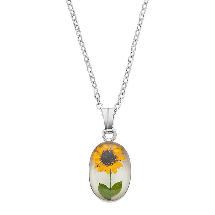 Silver Plated Sunflower Oval Pendant Necklace, Women's, Grey
