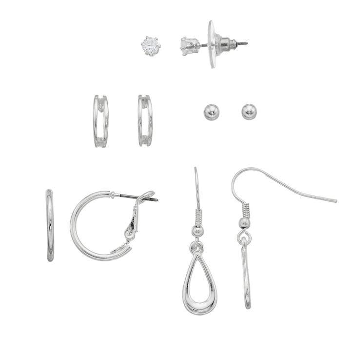 Silver Tone Stud, Hoop & Teardrop Earring Set, Women's