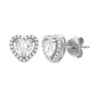 Cubic Zirconia Sterling Silver Heart Halo Stud Earrings, Women's, White
