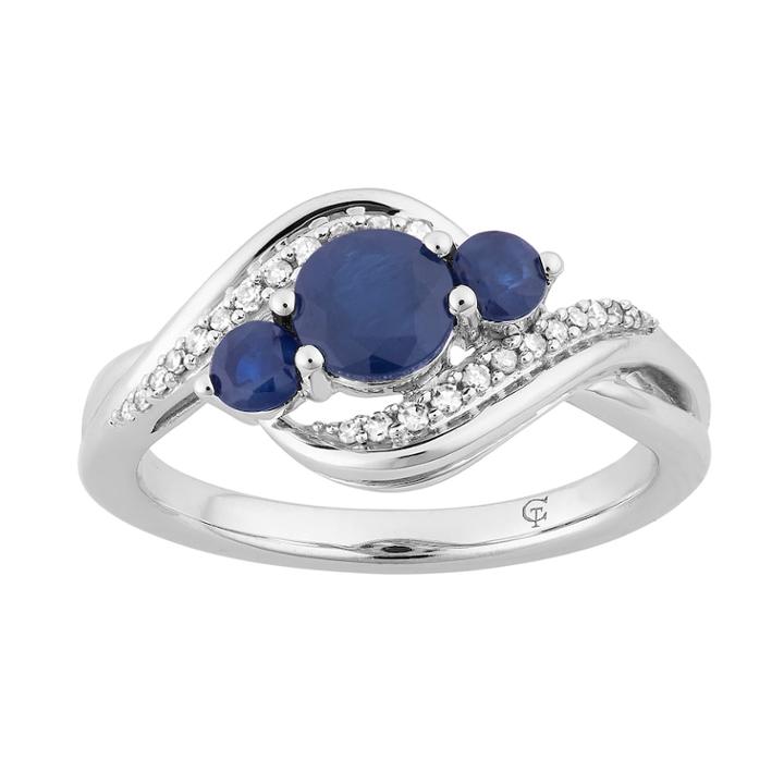 10k White Gold Sapphire & 1/10 Carat T.w. Diamond 3-stone Ring, Women's, Size: 6, Blue