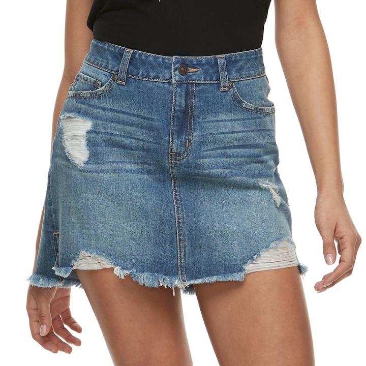 Juniors' Rewash Distressed Medium Wash Jean Mini Skirt, Teens, Size: 3, Dark Blue