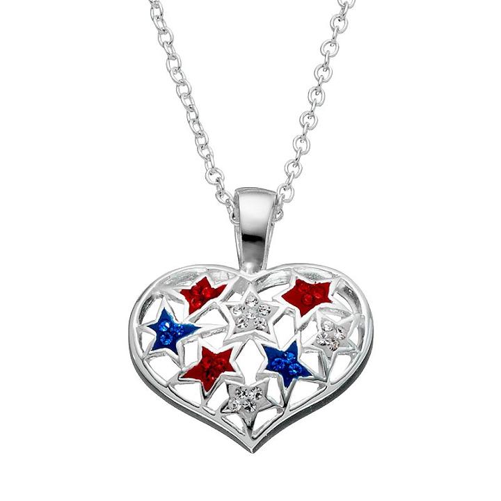 Red, White & Blue Crystal Silver-plated Star & Heart Pendant Necklace, Women's, Size: 18, Multicolor