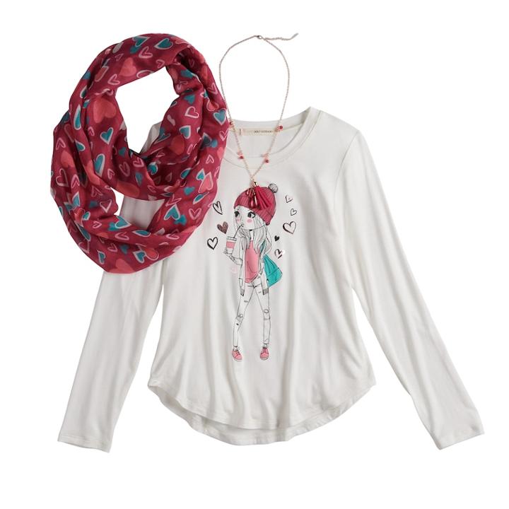 Girls 7-16 & Plus Size Self Esteem High-low Graphic Top Set With Scarf & Necklace, Size: L Plus, Blue