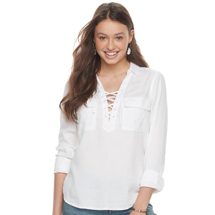 Juniors' So&reg; Lace-up Utility Top, Teens, Size: Small, White