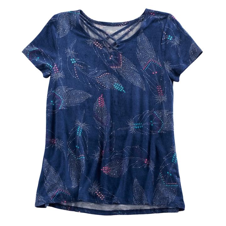 Girls 7-16 & Plus Size Mudd&reg; Cage Front Feather Print Tee, Size: 7-8, Dark Blue