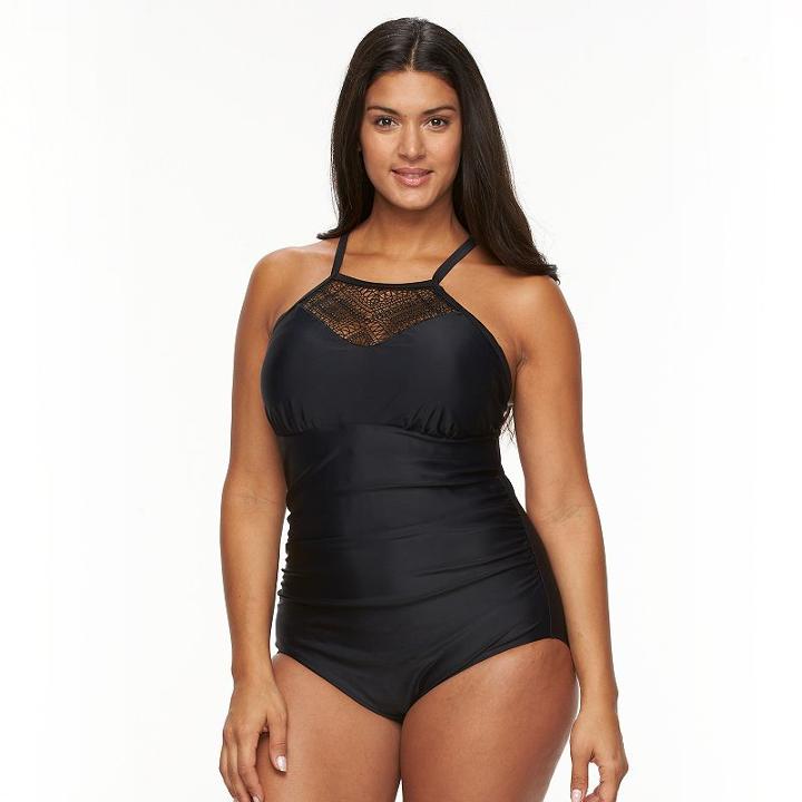 Plus Size Croft & Barrow&reg; Tummer Slimmer Crochet High-neck One-piece Swimsuit, Women's, Size: 24 W, Black