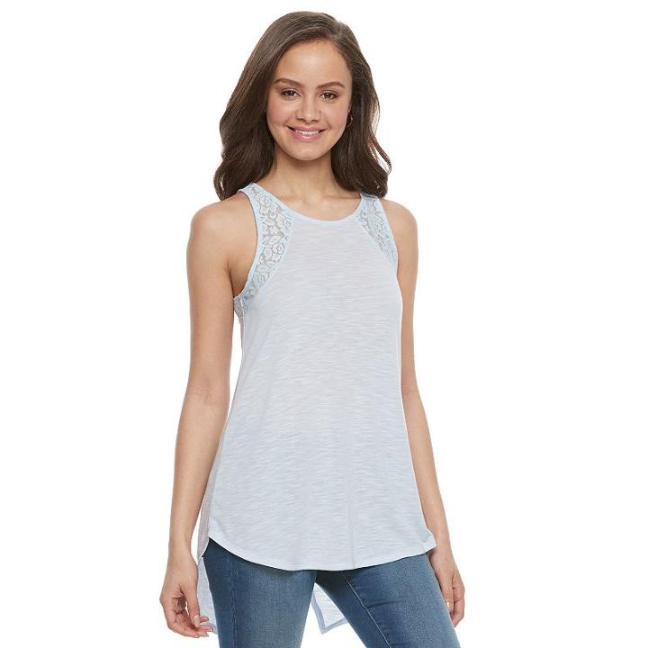 Juniors' So&reg; Lace Trim Split-back Tank, Teens, Size: Medium, Med Blue