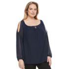 Plus Size Ab Studio Embroidered Cold-shoulder Peasant Top, Women's, Size: 2xl, Blue (navy)