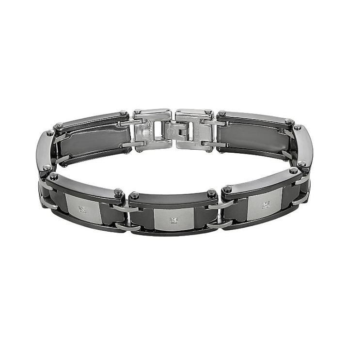 Stainless Steel And Black Ceramic 1/10-ct. T.w. Diamond Bracelet - Men, Size: 8.5, White