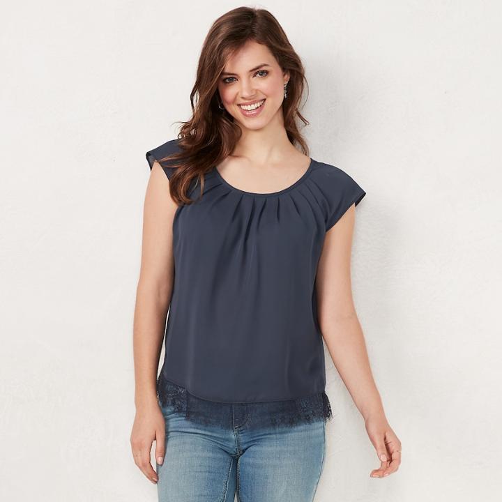 Women's Lc Lauren Conrad Love, Lauren Pleated Top, Size: Large, Blue