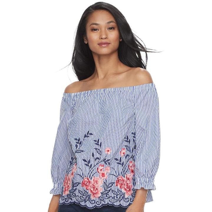 Women's Elle&trade; Embroidered Off-the-shoulder Top, Size: Xl, Blue