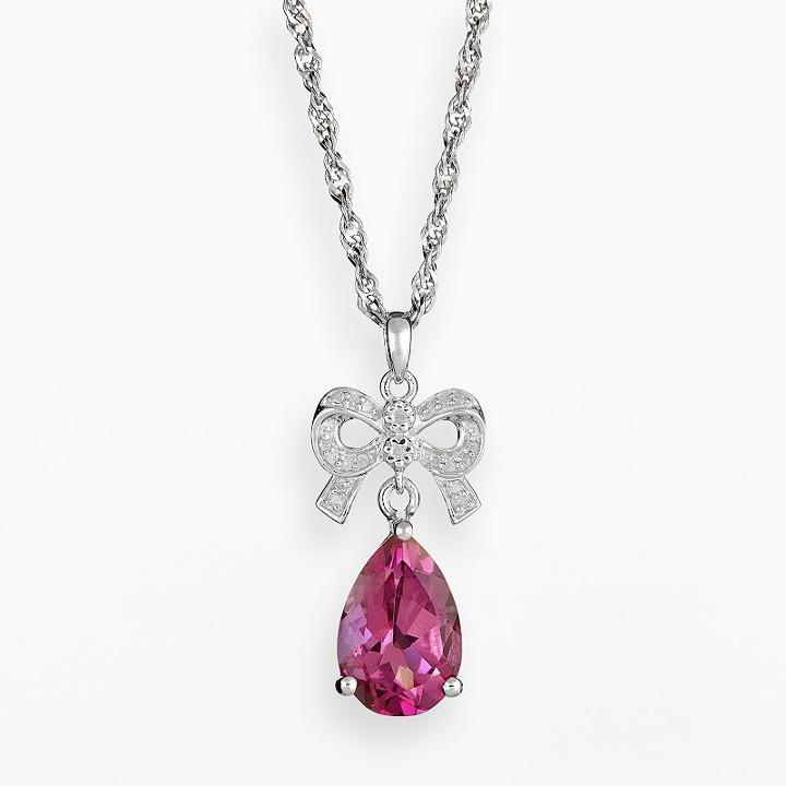 Sterling Silver Pink Topaz And Diamond Accent Bow Pendant, Women's, Size: 18