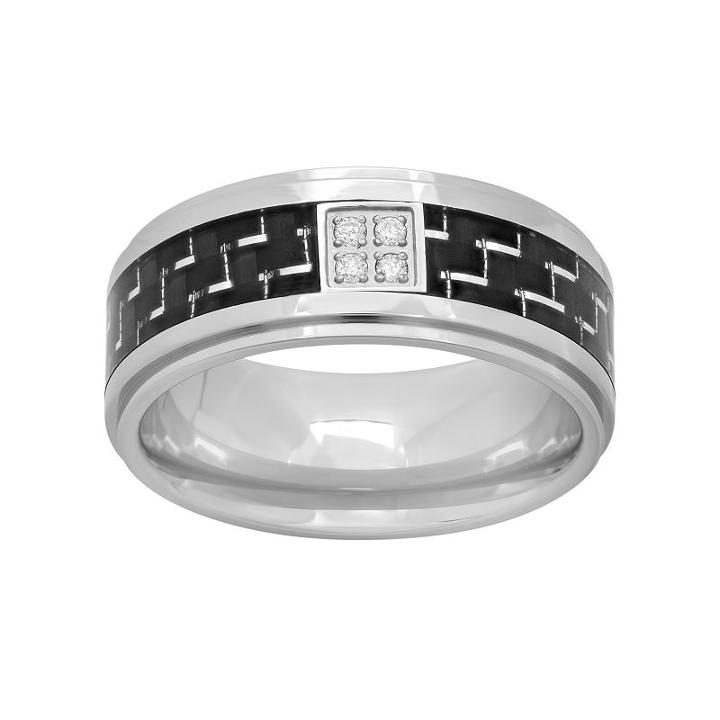 Diamond Accent Stainless Steel & Carbon Fiber Geometric Band - Men, Size: 9, White