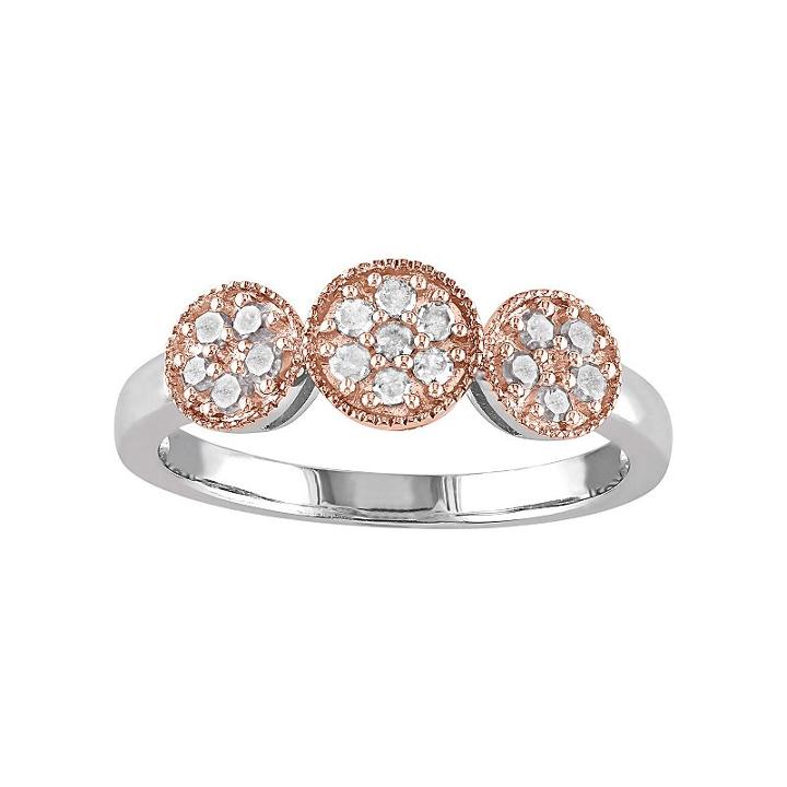 Two Tone Sterling Silver 1/4 Carat T.w. Diamond 3-stone Halo Ring, Women's, Size: 8, White
