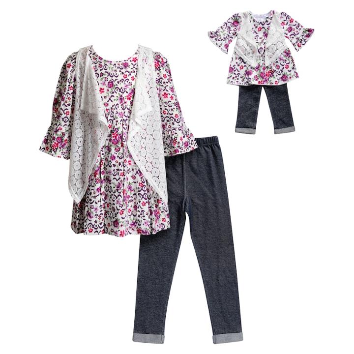 Girls 4-14 Dollie & Me Floral Bell Sleeve Dress, Faux Denim Leggings & Lace Vest Set, Size: 12, Pink Multi