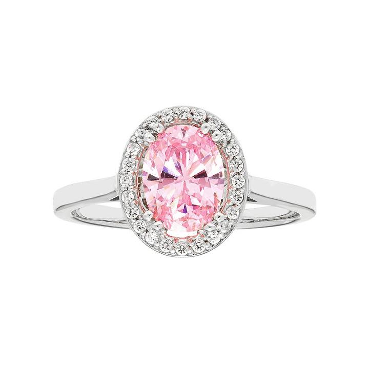 Sterling Silver Pink Cubic Zirconia Oval Halo Ring, Women's, Size: 6