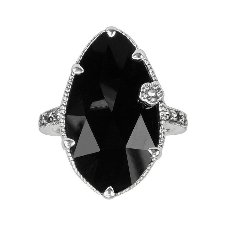 Lavish By Tjm Sterling Silver Onyx Flower Ring - Made With Swarovski Marcasite, Women's, Size: 9, Black