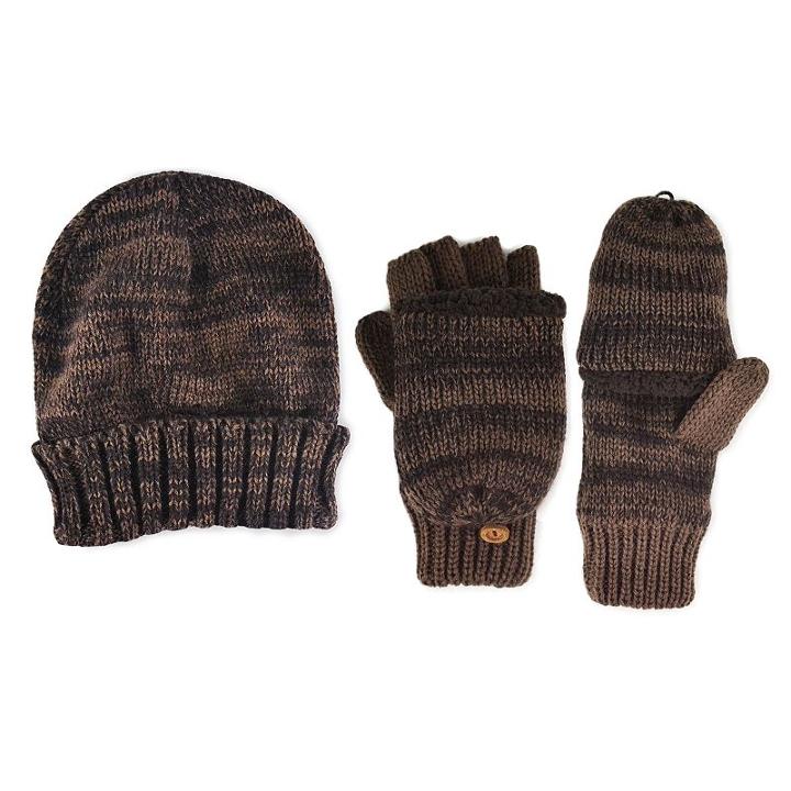 Muk Luks Marled Beanie & Mittens - Men, Brown