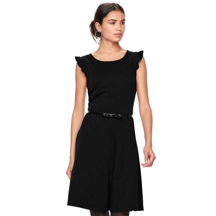 Women's Elle&trade; Ribbed Ruffle Fit & Flare Dress, Size: Xl, Black
