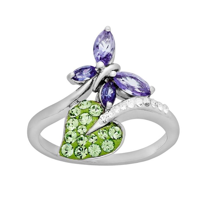 Artistique Sterling Silver Crystal Butterfly And Leaf Bypass Ring - Made With Swarovski Crystals, Women's, Size: 6, Multicolor