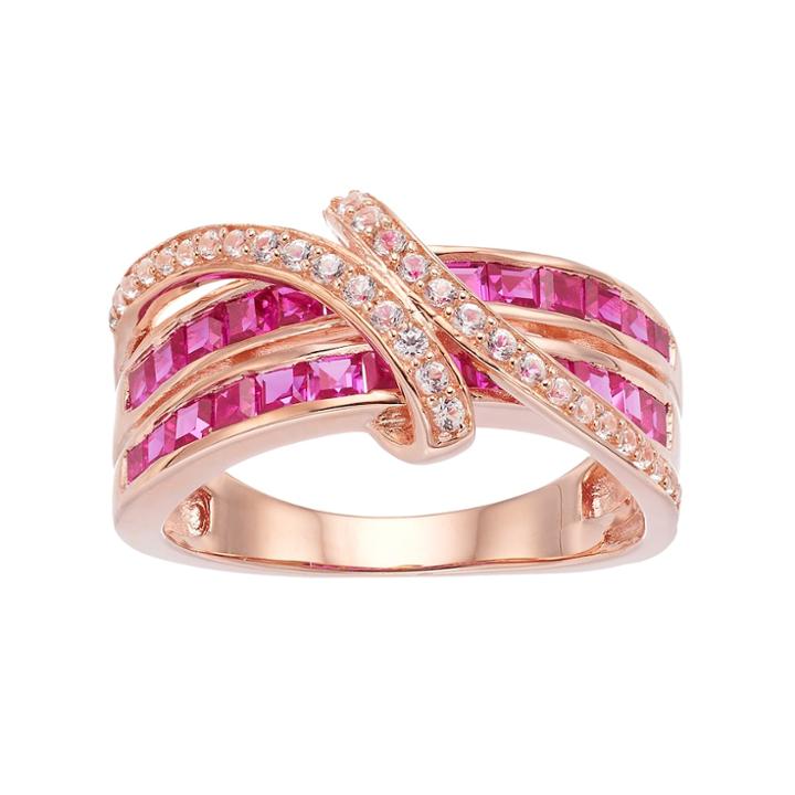 14k Rose Gold Over Silver Lab-created Ruby & White Sapphire Bypass Ring, Women's, Size: 7, Red