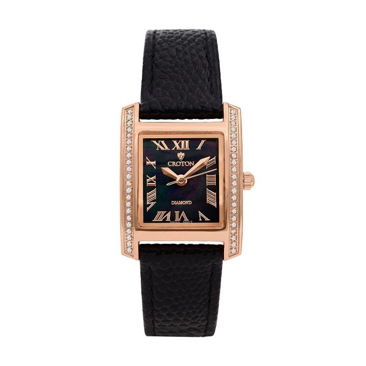 Croton Women's Diamond Leather Swiss Watch, Black