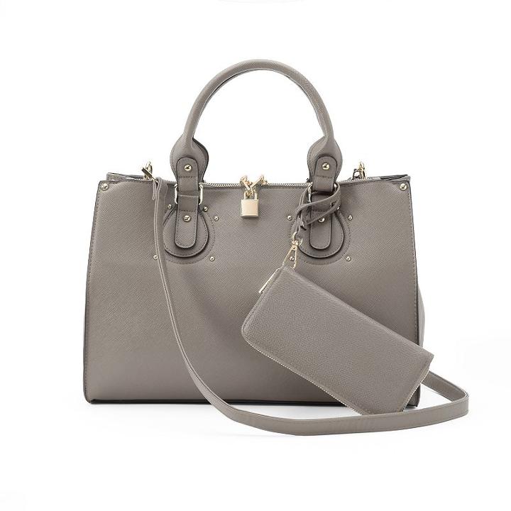 Deluxity Lauren Padlock Double Entry Satchel With Wallet, Women's, Grey