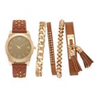 Women's Studded Watch & Bracelet Set, Size: Medium, Brown