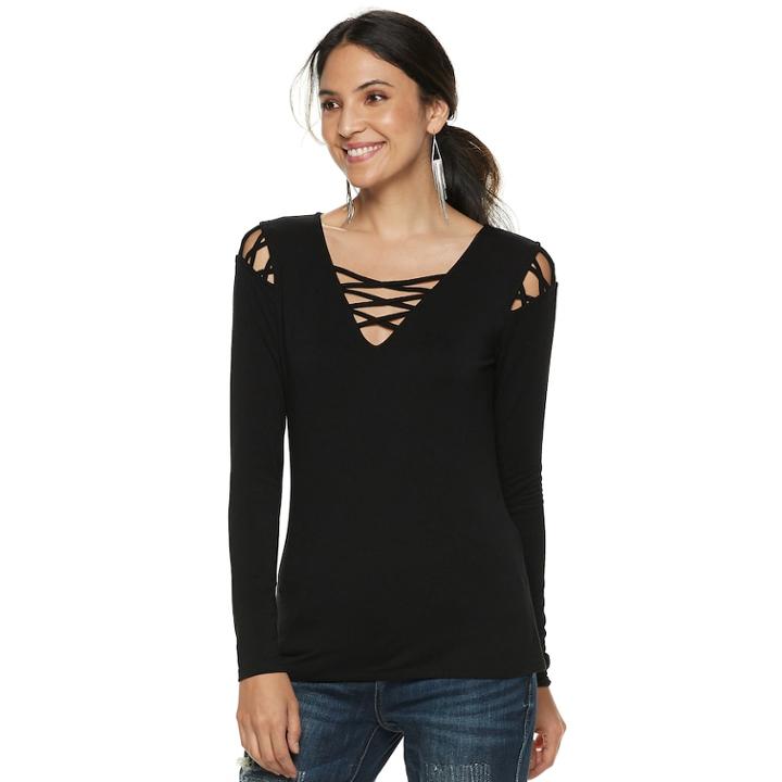 Women's Rock & Republic&reg; Lattice-shoulder Tee, Size: Xs, Black