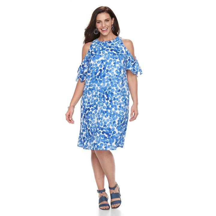 Plus Size Suite 7 Cold-shoulder Dot Shift Dress, Women's, Size: 14 W, Blue