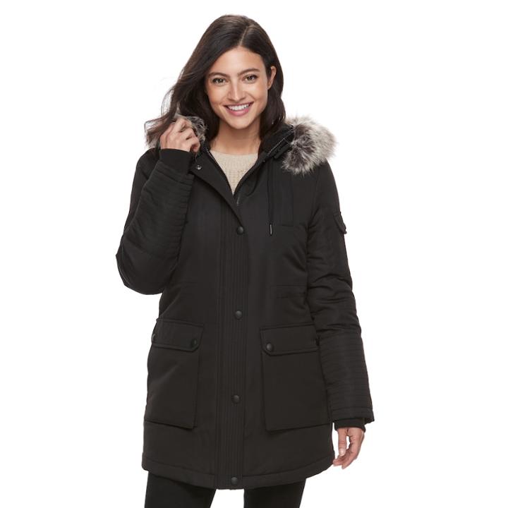 Women's Apt. 9&reg; Hooded Faux-fur Trim Parka, Size: Medium, Black
