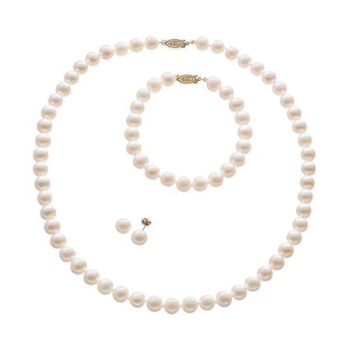 Freshwater Cultured Pearl 14k Gold Necklace, Bracelet And Stud Earring Set, Women's, Size: 18, White
