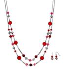 Long Red Beaded Double Strand Necklace & Drop Earring Set, Women's