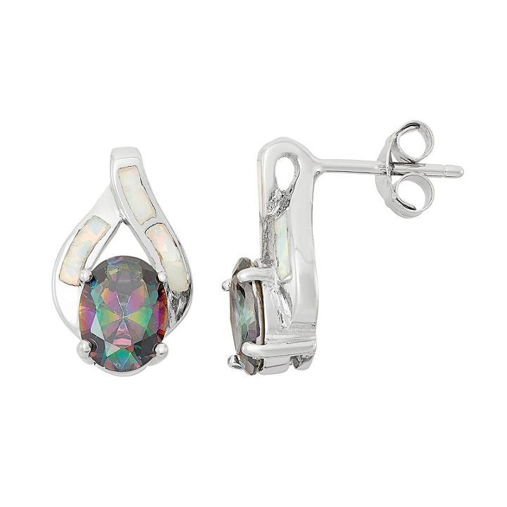 Lab-created Opal & Cubic Zirconia Sterling Silver Teardrop Stud Earrings, Women's, Multicolor