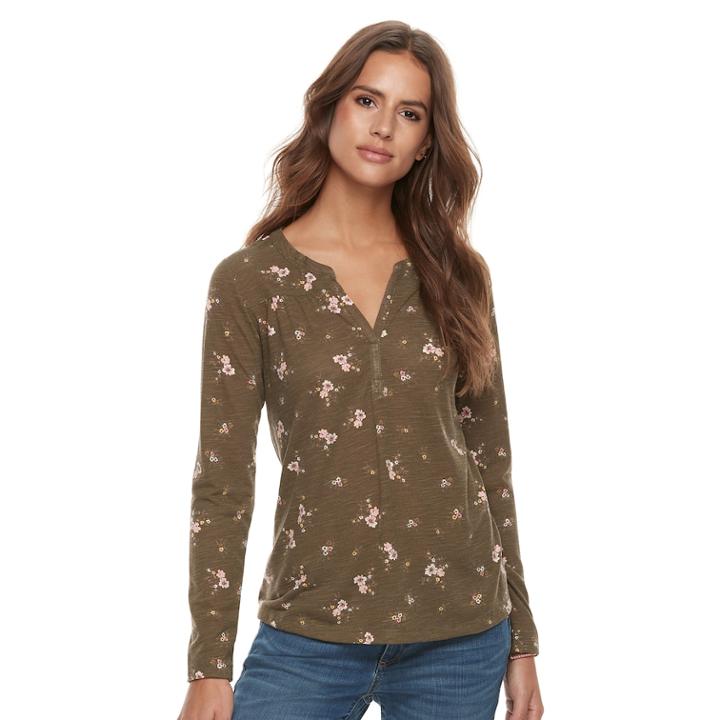 Petite Sonoma Goods For Life&trade; Printed Splitneck Tee, Women's, Size: L Petite, Dark Green