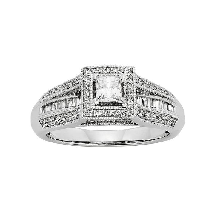Diamond Tiered Square Halo Engagement Ring In 10k White Gold (1/2 Carat T.w.), Women's, Size: 5.50