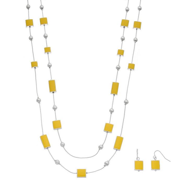 Yellow Geometric Double Strand Necklace & Drop Earring Set, Women's